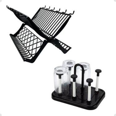 Imagem de Kit Escorredor Porta Copos Pratos Louças 2 Andares Cozinha Preto