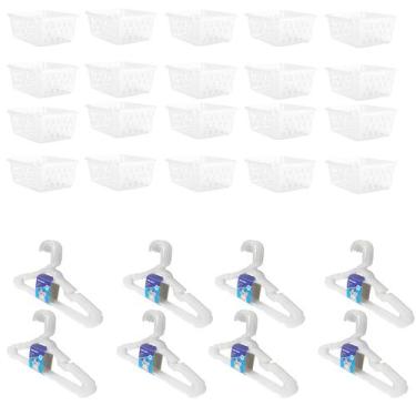 Imagem de Kit 20 Cestos Médio + 40 Cabides Transparente Infantil - 123ORGANIZEI