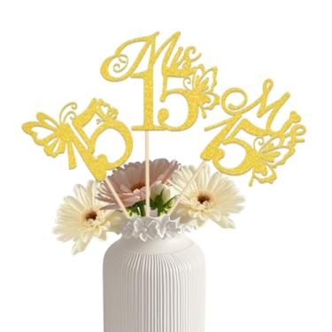 Imagem de KEWUFD Mesa de centro de mesa Mis 15 anos de centro de mesa de aniversário Hello 15 anos Decorações de festa de aniversário Cheers to 15 anos, placa de decoração de festa de aniversário, 12 peças,