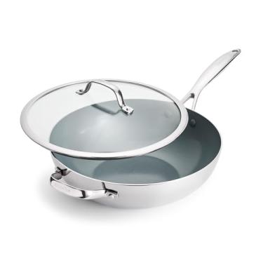 Imagem de GreenPan Wok Valencia Pro de aço inoxidável de 30,5 cm com tampa, cerâmica saudável, antiaderente, sem PFOA, revestimento livre de PFOA, panelas multirevestidas, indução, lavável na lava-louças,