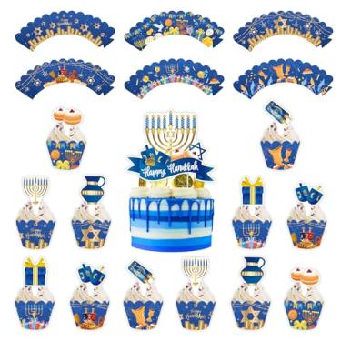 Imagem de Happy Hanukkah Cupcake Toppers and Wrappers Set,Blue Chanukah Festival Day Cake Toppers Cupcake Decoration Menorah Dreidel Party Decorations for Jewish Judaism New Year Party Supplies