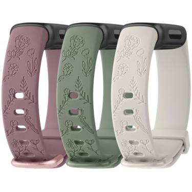 Imagem de Meliya Pulseira de substituição para Fitbit Inspire 3 para mulheres e homens, pulseiras de silicone com gravação floral para Fitbit Inspire 3 Fitness Tracker (violeta fumegante + verde + luz das