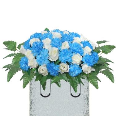 Imagem de Lodou Selas de flores artificiais de cemitério para túmulos, selas de flores de lápide para túmulos, flores de cemitério de seda, flores em memória de cemitério para decoração de túmulos (azul escuro)