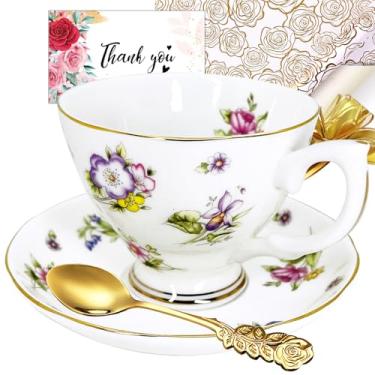 Imagem de Conjunto de xícara de chá e pires para 1, xícaras de chá de porcelana vintage com pires, porcelana, estampa floral bonita, acabamento dourado, xícaras de café expresso, com alça, presentes para