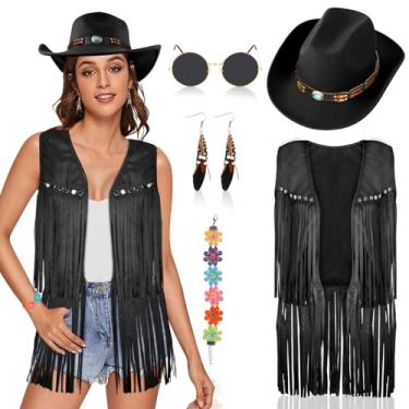 Imagem de Mukum Conjunto de 6 peças de roupas de vaqueira para mulheres com colete de vaqueira, chapéu de cowboy, acabamento turquesa, pulseira de óculos de sol para o Natal, Preto, M