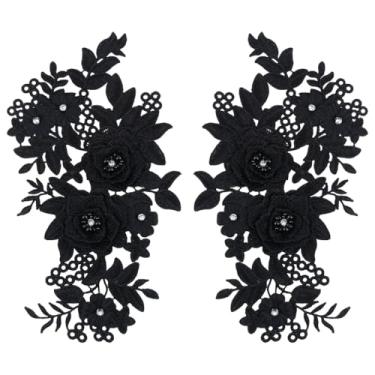 Imagem de MAYJOYDIY 1 par de apliques de flores de renda 3D pretos costurados em strass bordado para decoração de apliques de renda para vestido de casamento, costura, vestuário, decoração de roupas
