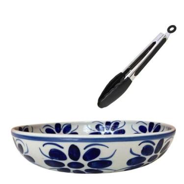 Imagem de Saladeira RASA de porcelana pintada à mão com pegador inox - Utensilio