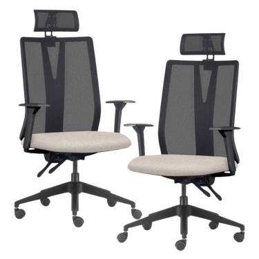 Imagem de Kit 2 Cadeiras Escritório Giratória Presidente Flow F02 Base Preta Linho Bege Claro - Lyam Decor