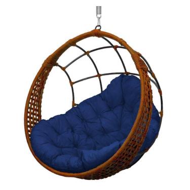 Imagem de Cadeira Balanço Ninho Suspenso Em Corda Náutica Luxo Ocre/azul