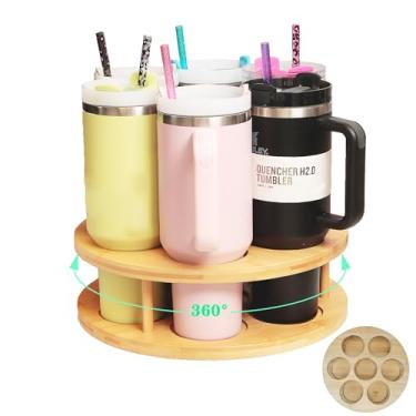 Imagem de Organizador de garrafas de água com 7 compartimentos para copo Stanley, suporte giratório para armários de cozinha, rack de armazenamento de garrafa de água de madeira de bambu para acessórios de copo