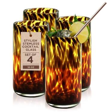 Imagem de IMPULSE! Copos Highball Rocks marrom com estampa de leopardo tartaruga, 473 ml, conjunto de 4 copos de coquetel sem haste estilosos - Copo de vidro ideal para gim, tequila, vodca, refrigerantes