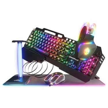 Imagem de GAME PUNK Conjunto de jogos para PC Codebreakers de 6 peças com mousepad RGB grande, hub de teclado mecânico RGB, fone de ouvido para jogos, suporte de fone de ouvido RGB, mouse para jogos e faixa de