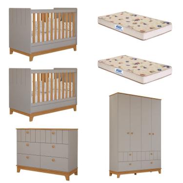 Imagem de Quarto Bebê Gêmeos com 2 Berços Mini Cama Cômoda e Guarda Roupa Liza Permobili e 2 Colchões Gazin