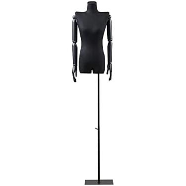 Imagem de CUTPOIY Suporte de manequim de tronco, torso de manequim feminino, moldura de exibição de roupas de poliéster preto de meio comprimento com braço de madeira maciça, forma de vestido feminino sem