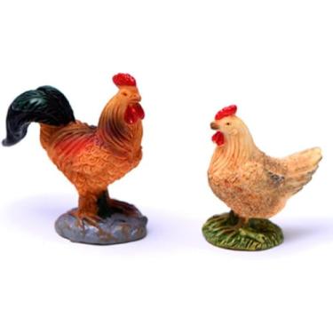 Imagem de 2 peças de estatuetas em miniatura de galo e galinha – acessórios de jardim de fadas, animais de fazenda esculpidos para micro paisagem, artesanato de bonsai de plantas, decorações de mesa, topos de