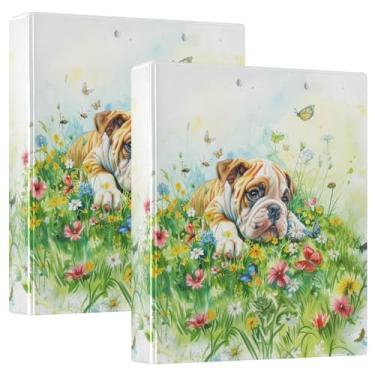 Imagem de Fichário de 3 anéis de flores para cães Bulldog com 3,8 cm decorativo de 3,8 cm com prancheta e 3 bolsos transparentes, comporta 200 folhas de papel tamanho A4 fichários à prova d'água para escola