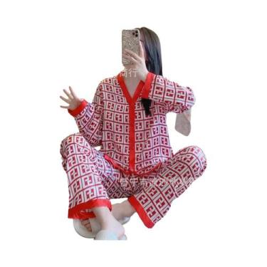 Imagem de Conjunto De Pijamas De Seda Gelada De Manga Comprida Feminino Solto La