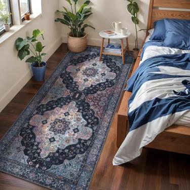Imagem de Tangsoo Tapete de corredor lavável de 5 x 15 cm para corredores, corredor vintage antiderrapante, tapete longo de pelo baixo, estampa envelhecida azul marinho/Mlulti para cozinha, quarto, entrada