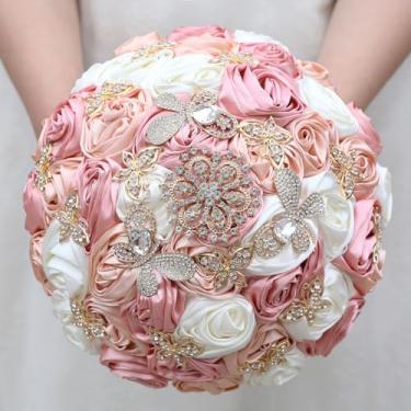 Imagem de Mhojpik Buquê de flores de casamento feito à mão com buquê redondo de rosas artificiais para noiva, dama de honra, casamento, quinze anos (blush, rosa pêssego e marfim, 25 cm)