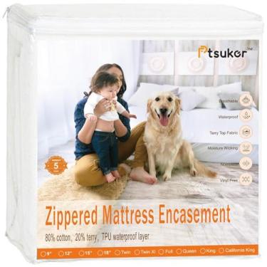 Imagem de Protetores de colchão Queen à prova d'água 152 x 203 cm para bolsos profundos de 33 a 38 cm com zíper, tecido felpudo macio, hipoalergênico, silencioso, para hotéis e cama de casal