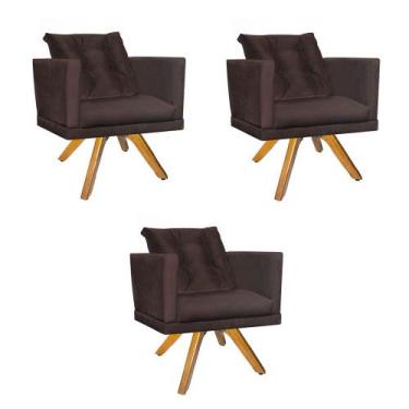 Imagem de Kit 03 Poltrona Lucia Confort Base Giratória Caramelo Com Almofada Sal