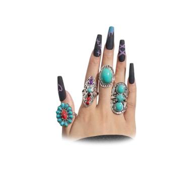 Imagem de FUTIMELY 4 peças de anel ocidental turquesa boho para mulheres, pedra natural de cristal grosso, étnico, articulação, dedo, dedo, mini, joias, vintage, Large, Liga de aço, Sem pedra preciosa