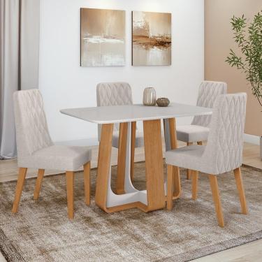 Imagem de Conjunto Sala de Jantar Mesa Easy Pop 120x80cm Tampo Vidro/MDF com 4 Cadeiras Seat Linho Mosaico Cinza Amendoa Clean/off White