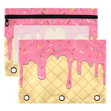 Imagem de 3 anéis para fichário de sorvete rosa brilhante para meninos meninas escola escritório faculdade suprimentos amarelo waffle cone doce lápis bolsa bolsa bolsa com janela transparente e zíper pacote com