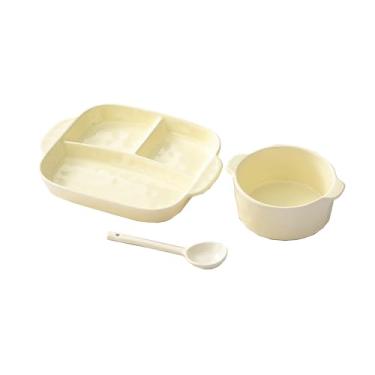 Imagem de Prato de jantar chinês simples e requintado resistente a altas temperaturas de cerâmica de três grades com redução de gordura - prato de jantar branco leitoso + colher + tigela