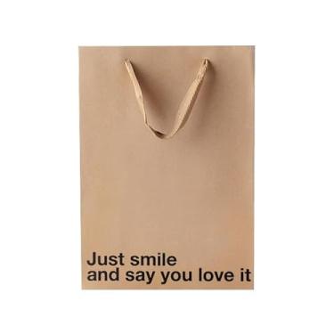 Imagem de Saco de presente engraçado 28 x 20 x 10 cm – Saco de papel Kraft marrom com estampa "Just Smile" – Embalagem de presente para aniversários, feriados, festas de escritório – embrulho de presente de