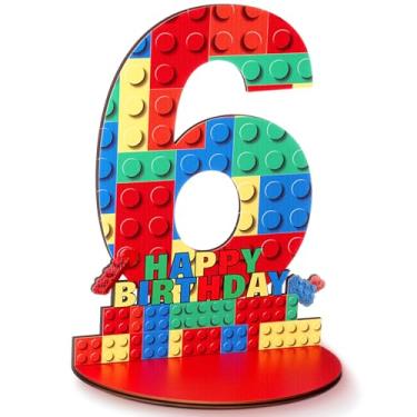 Imagem de Geelin 6th Birthday Number Sign Centerpiece Building Block Theme Number Stand Sign, Wooden Table Decoration Photo Props for Birthday Decorations