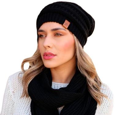 Imagem de Touca feminina masculina lã e cachecol gola tricot frio kit - Fonte, P