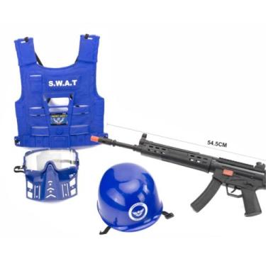 Imagem de Kit Policial Infantil com Colete SWAT, Capacete, Máscara e Rifle de Brinquedo, Azul, 45cm