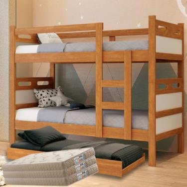Imagem de Treliche Com Colchões D33, Reforçada, Beliche Barreto com Cama Auxiliar, 3 Colchões D33 Premium, Multifuncional, 3 Camas (OFF WHITE/NATURE)