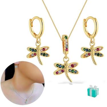 Imagem de Kit Brinco Colar Infantil Banhado Folheado Ouro 18k Semijoia - Santo E