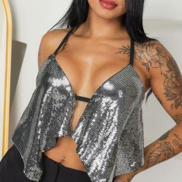 Imagem de Top Cropped Paetê Lantejoula Brilhante Com argola Top com brilho Carna