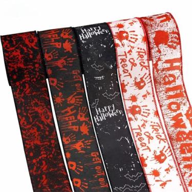 Imagem de TMXAOK 5 rolos de fita de Halloween com fio, 6 cm preto e branco crânio padrão fitas de embrulho de presente, impressão de mão de sangue fitas decorativas para artesanato, guirlanda de laço, embrulho