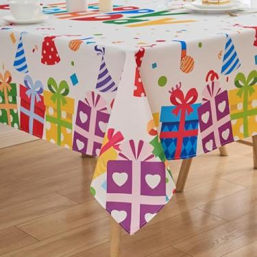 Imagem de VEDACHIC Toalha de mesa retangular de aniversário 152 x 300 cm, caixa de presente de feliz aniversário, toalha de mesa sazonal de poliéster oblonga lavável à prova d'água para festa, piquenique