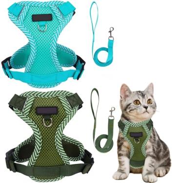 Imagem de Peitoral e coleira à prova de fuga para gatinhos, ajustável, respirável, gatos, cães, cinto de segurança grande, pacote com 2, azul + verde