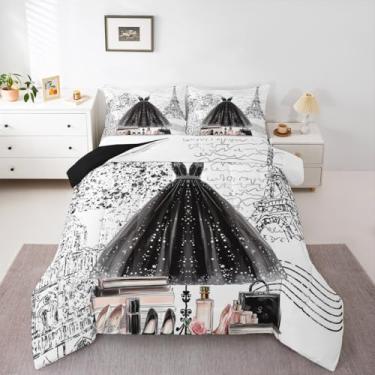 Imagem de Erosebridal Conjunto de cama moderno, feminino, tamanho casal, preto e branco, Torre Eiffel Paris, perfume, moderno, meninas, mulheres, romântico, salto alto, maquiagem, enchimento, luxuoso, macio