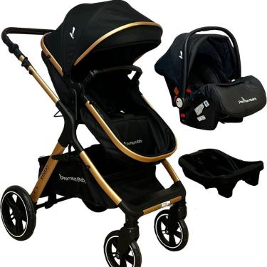 Imagem de Carrinho de Bebê Premium Baby Kansas 3 em 1 Berço Passeio Moisés com Bebê Conforto Travel System TRIO Reclinável Preto Gold com Base para Carro