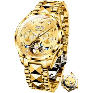 Imagem de OUPINKE Relógio masculino automático, esqueleto, diamante, mecânico, corda automática, relógio de pulso de luxo, cristal de safira, tungstênio, Todo dourado., Luxuoso