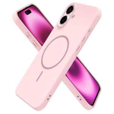 Imagem de oakxco Capa de silicone para iPhone 16 Plus, capa magnética fina e fina compatível com carregamento sem fio Magsafe, capa de gel de borracha macia estética feminina fofa para mulheres e meninas, rosa