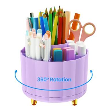 Imagem de IVEETTY Organizador de mesa roxo giratório 360, 6 compartimentos, porta-canetas para escritório, sala de aula e casa, material de escritório fofo, decoração de cubículos, armazenamento de suprimentos