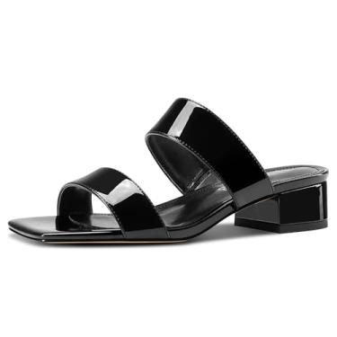 Imagem de TNYNFBEB Sandálias femininas de salto baixo com salto grosso, bico aberto, mules, slingback, sem cadarço, vestido de casamento, básico, clássico, couro envernizado, salto de 3,5 cm, Preto, 37