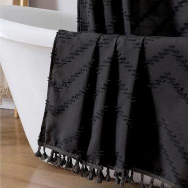 Imagem de OWENIE Cortina de chuveiro boho preta extralonga, chique tufada chevron listrado tecido texturizado cortinas de chuveiro com borla para banheiro, estilo hotel macio, casa de fazenda, lavável na