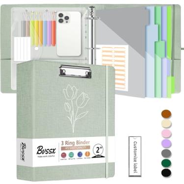 Imagem de Organizador de fichário de linho com 3 anéis de 5 cm, fichário BVSSX com três anéis com prancheta, pasta de plástico, divisórias de bolso de 5 abas com etiquetas adesivas, alça para caneta, alça