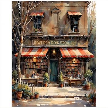 Imagem de Kit de pintura vintage de livraria por números para adultos – Pintura de livraria aconchegante DIY em tela 40,6 x 50,8 cm, conjunto de tinta acrílica, adequado para iniciantes, kit de arte para