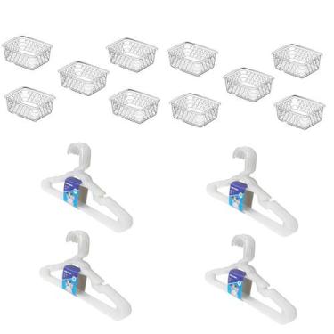 Imagem de Kit 10 Cestos Organizador Pequeno 16x12x6cm + 20 Cabides Transparente 