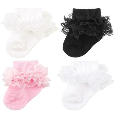 Imagem de Meias para bebês AQOKKA, ilhós, babados, renda, comprimento do joelho,